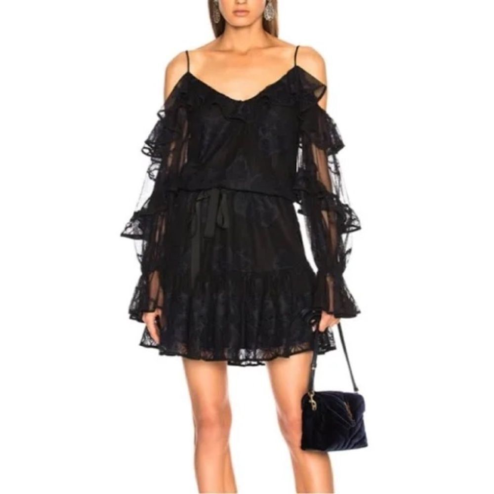 REVOLVE X ALEXIS Magna Tiered-Sleeve Cold-Shoulder Floral BLACK blue Lace Dress